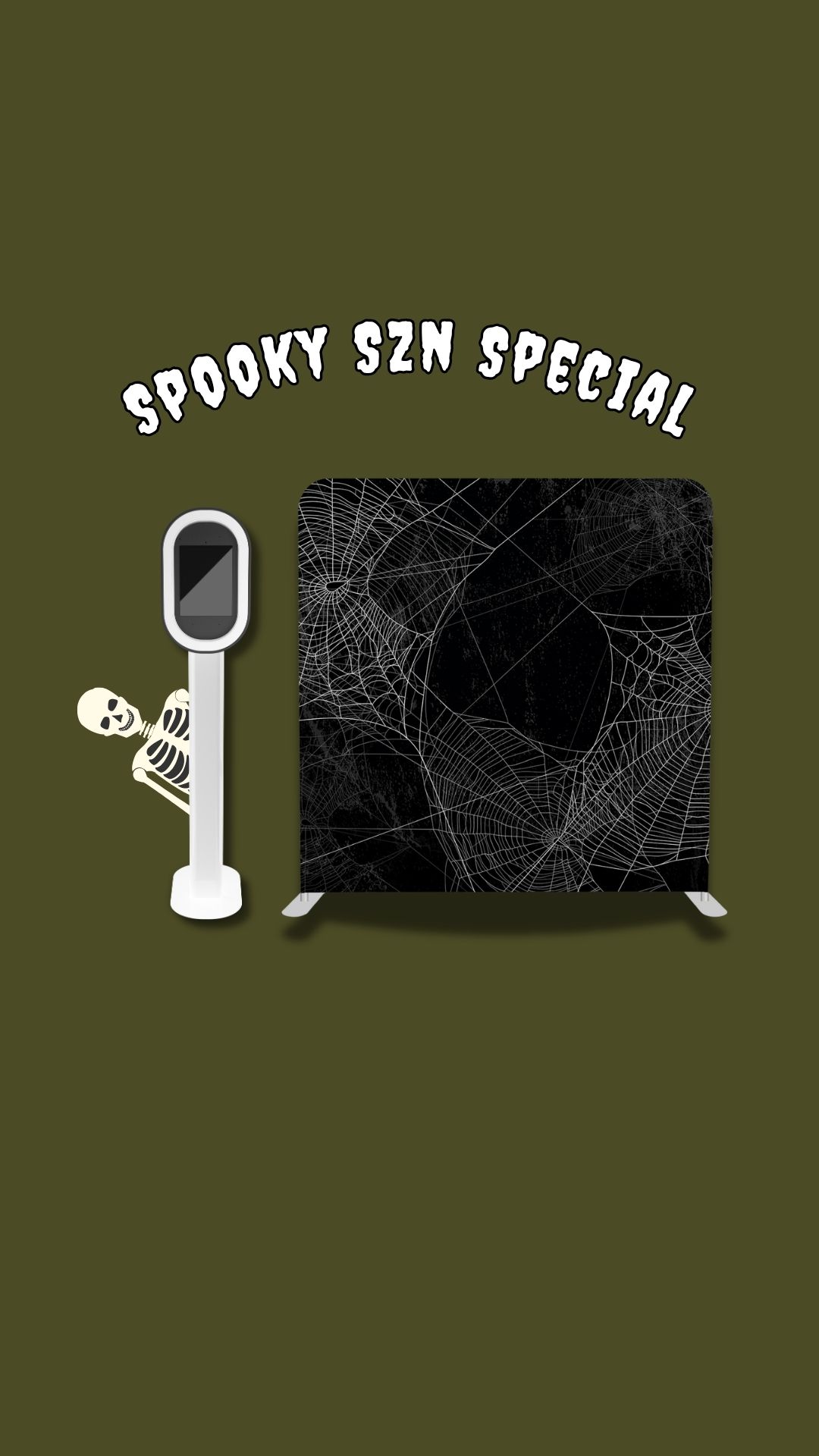 Spooky SZN Special graphic with a white photo booth, a peeking skeleton and a spiderweb backdrop